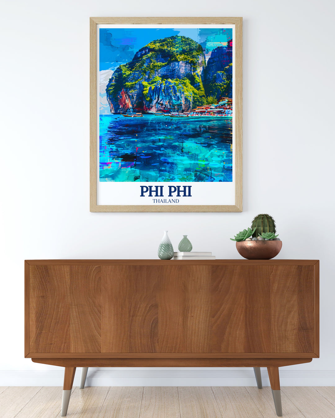 Bring the serene landscapes of Thailand into your home with this Phi Phi Islands travel print. Highlighting Phi Phi Lehs cliffs and Tonsai Bays tranquil waters, this poster is a great choice for beach lovers.