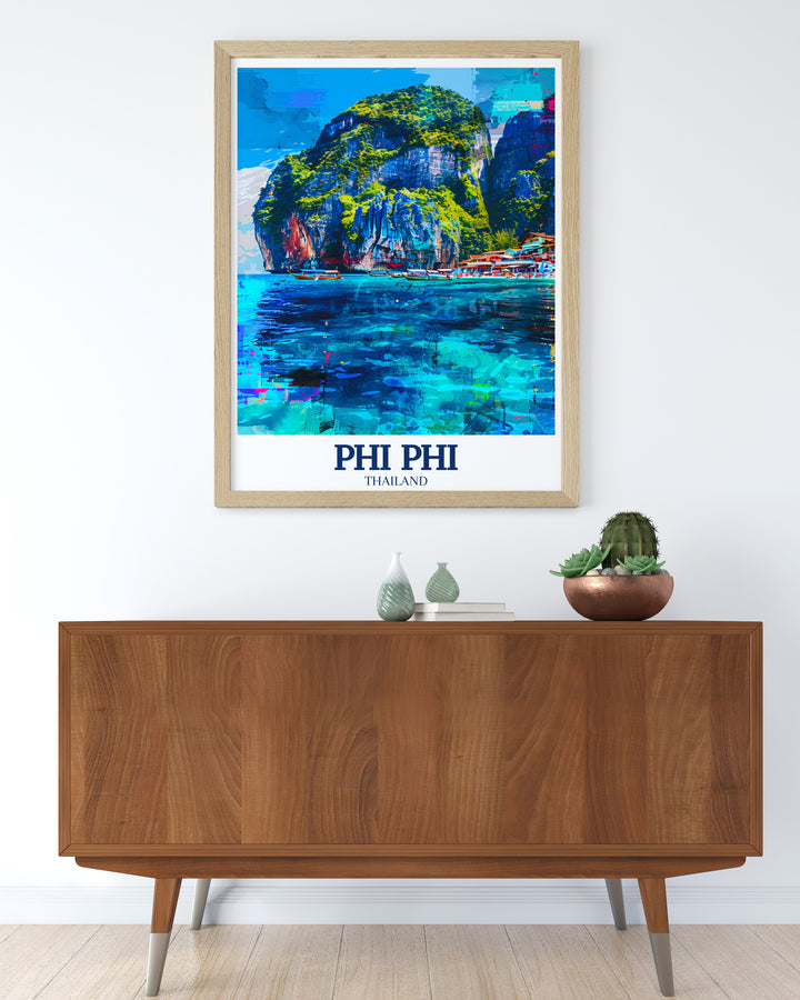 Bring the serene landscapes of Thailand into your home with this Phi Phi Islands travel print. Highlighting Phi Phi Lehs cliffs and Tonsai Bays tranquil waters, this poster is a great choice for beach lovers.