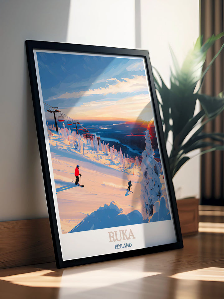 Discover the charm of Scandinavian design with Ruka Ski Slopes Modern Art Prints featuring serene colors and clean lines perfect for transforming your living space into a peaceful retreat