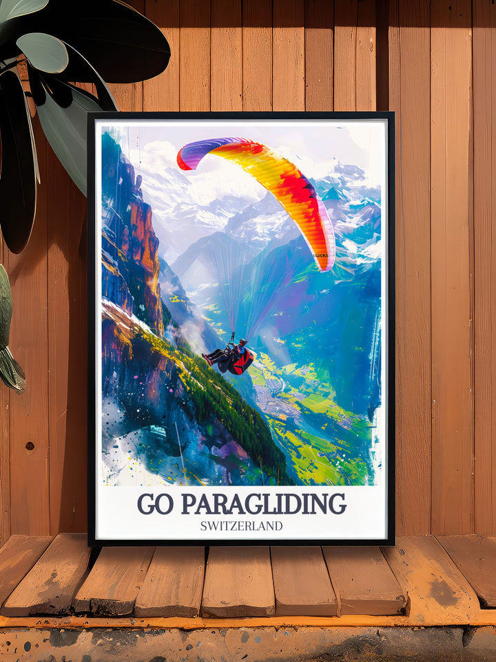 Home decor print of paragliding in Interlaken, bringing the majestic views and serene beauty of the Swiss Alps into your living space.