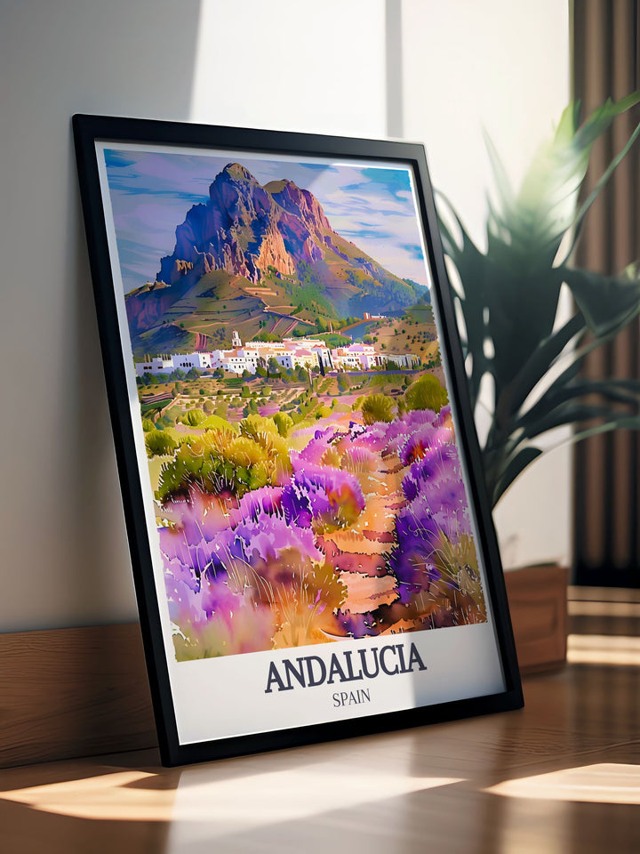This illustration of Zahara de la Sierra and the surrounding Andalucia hills offers a stunning view of one of Spains most picturesque villages. A beautiful addition to any home.