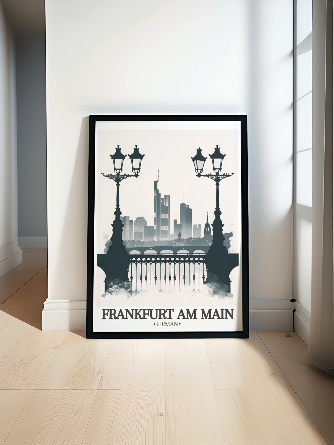 Elegant Frankfurt poster showcasing the iconic Commerzbank Tower Mainufer riverbank promenade and Iron Bridge ideal for creating a sophisticated focal point in your living room or office with unique wall art