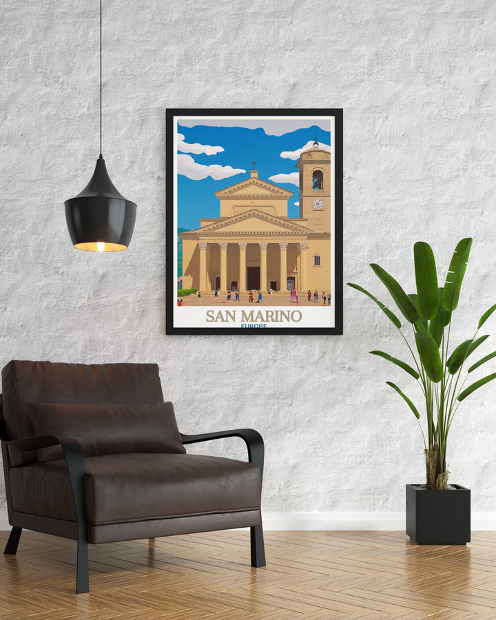 A beautiful San Marino travel poster featuring the Basilica di San Marino in all its architectural glory. The artwork showcases the stunning neoclassical design of this European landmark, perfect for adding historical depth and cultural appeal to any room. Ideal for travelers or history lovers.