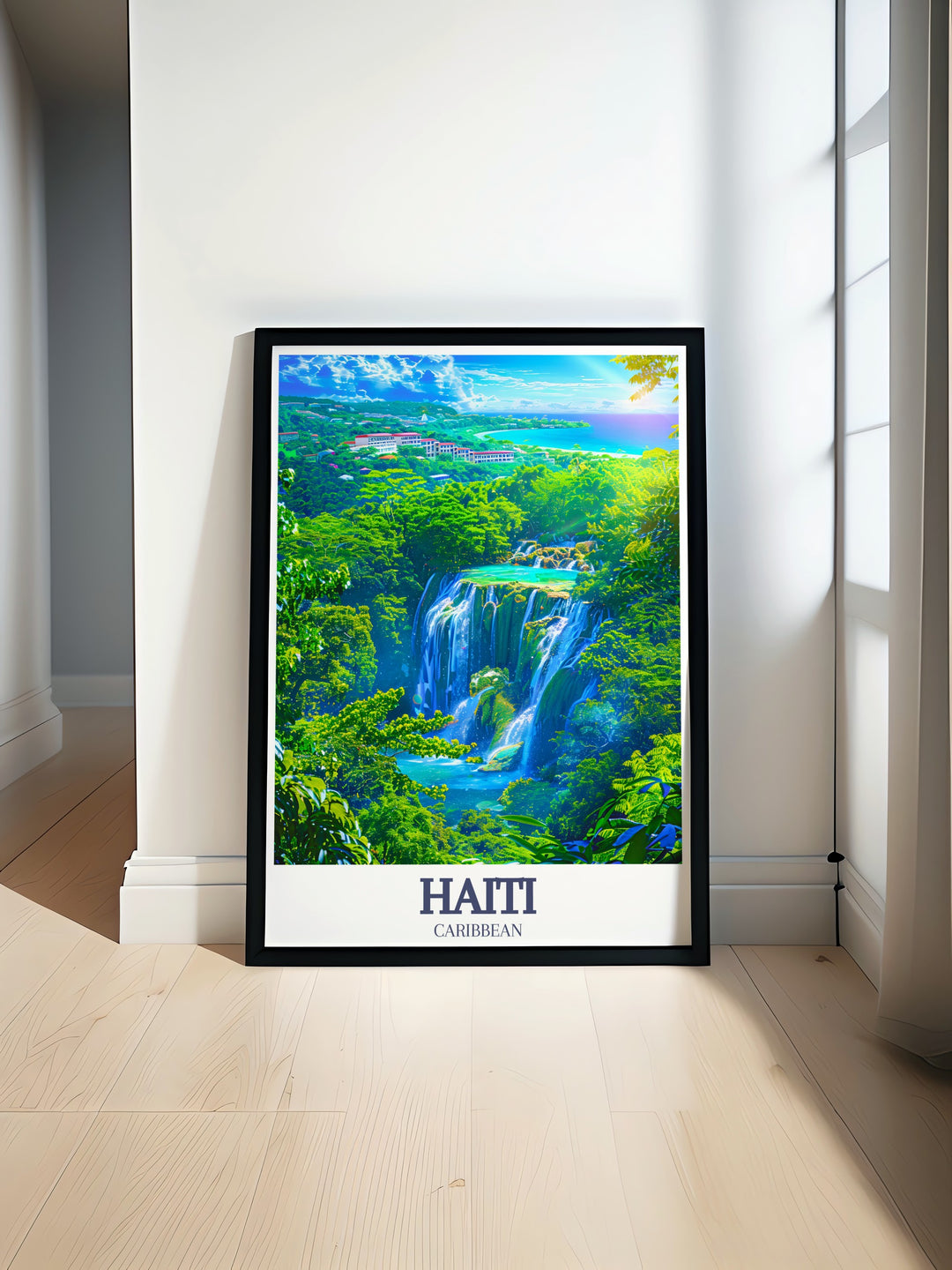 The Labadee peninsula shines in this canvas art print, offering a stunning portrayal of Haitis coastal charm. Paired with Bassin Bleus tranquil waterfalls, this travel print celebrates the natural beauty of the Caribbean, perfect for your living room or as a gift for travelers.