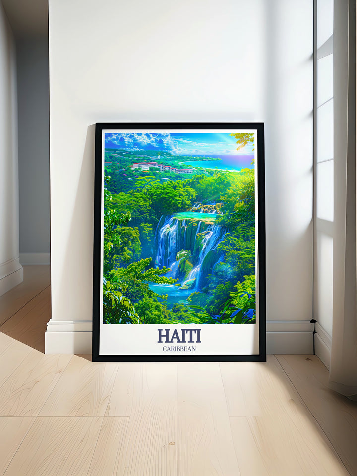 The Labadee peninsula shines in this canvas art print, offering a stunning portrayal of Haitis coastal charm. Paired with Bassin Bleus tranquil waterfalls, this travel print celebrates the natural beauty of the Caribbean, perfect for your living room or as a gift for travelers.