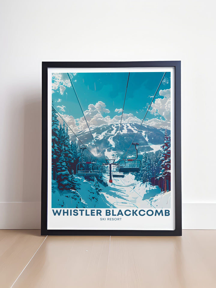 Stunning Whistler peak chair lifts wall art capturing the adventure and excitement of Whistler Blackcomb Ski Resort, a must have for anyone who loves skiing and snowboarding in British Columbia BC.