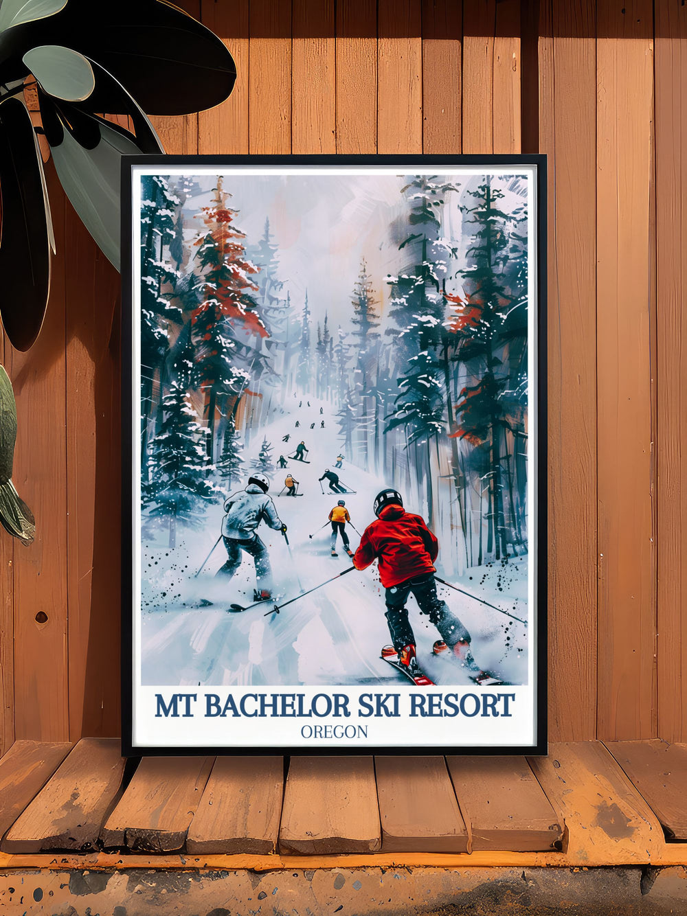 This stunning ski poster features the majestic Mt Bachelor and Deschutes National Forest capturing the vibrant landscapes and thrilling winter sports of the Cascade Mountains perfect for any skiing wall art collection