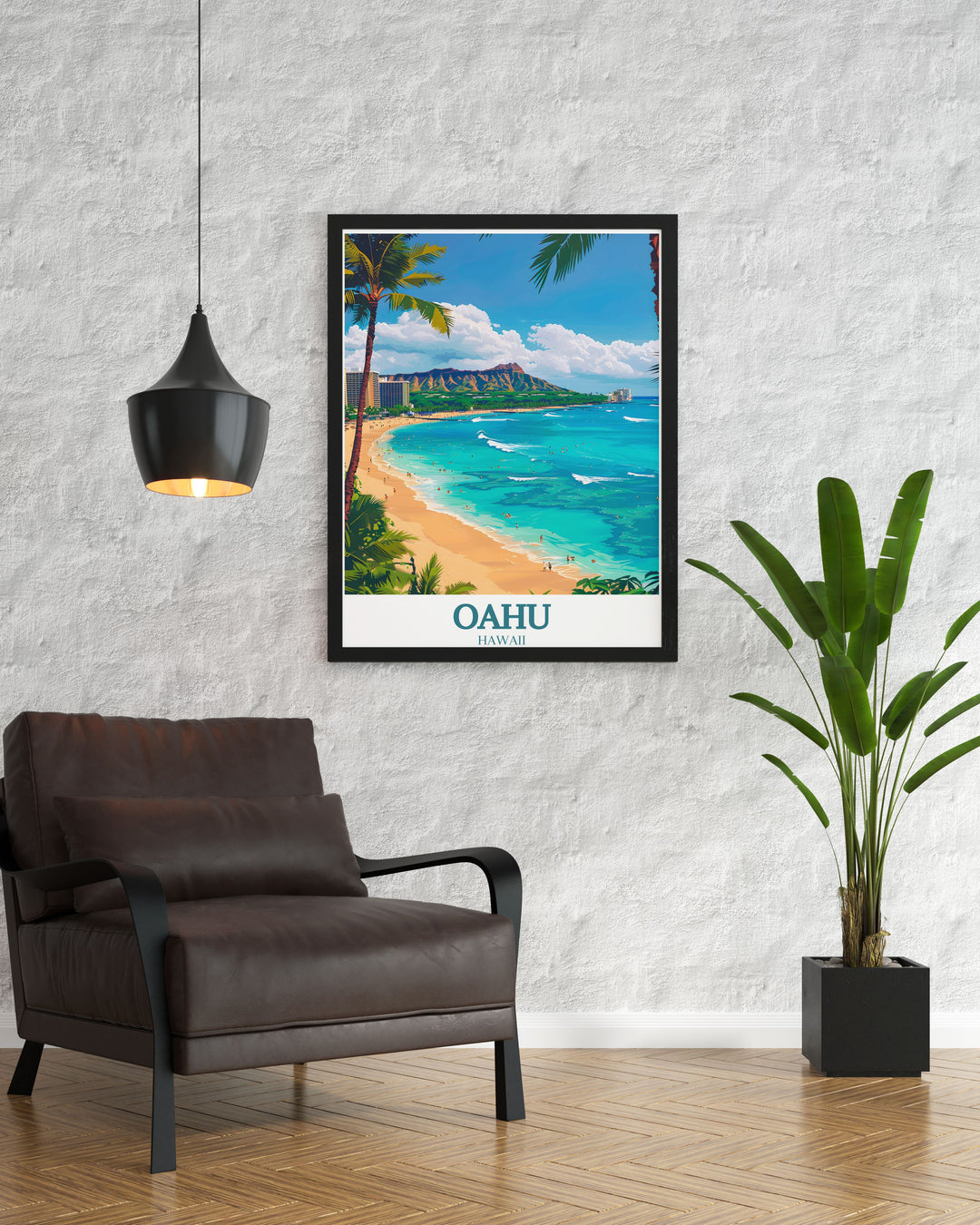 Transform your walls with this stunning Oahu travel poster featuring the picturesque Waikiki Beach and Diamond Head Crater perfect for lovers of tropical destinations.