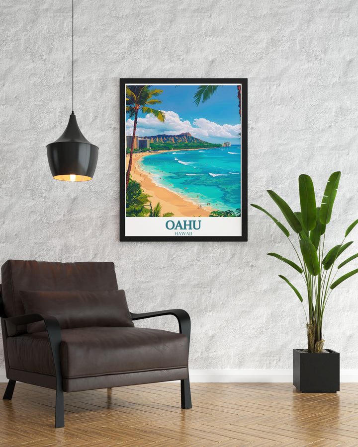 Transform your walls with this stunning Oahu travel poster featuring the picturesque Waikiki Beach and Diamond Head Crater perfect for lovers of tropical destinations.