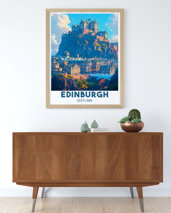 Framed art capturing the majestic presence of Edinburgh Castle, emphasizing its architectural beauty and historical importance.