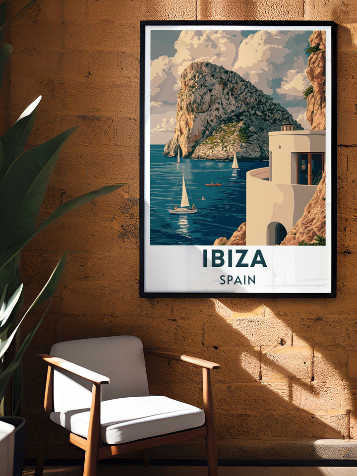 This detailed art print celebrates the historical landmarks and cultural heritage of Ibiza, showcasing its rich past. Ideal for history lovers, this poster brings the fascinating history of the island into your decor.