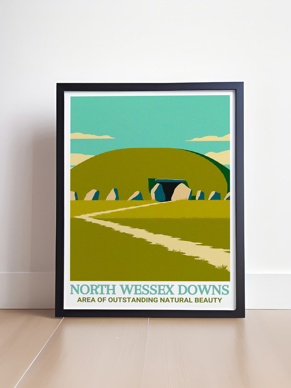 West Kennet Long Barrow canvas art celebrating the historic beauty of the North Wessex Downs AONB. The artwork highlights the monumental significance of the Neolithic tomb, capturing the quiet majesty of the site and making it a perfect addition to any art collection.