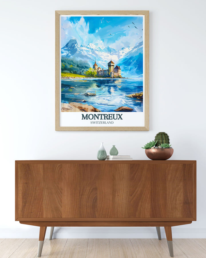 Celebrate Switzerlands iconic landmarks with this Lake Geneva Print. Featuring Montreuxs charming cultural scene and the historic Chillon Castle, this artwork brings together natural beauty and history, perfect for travel lovers and those seeking a unique home print.