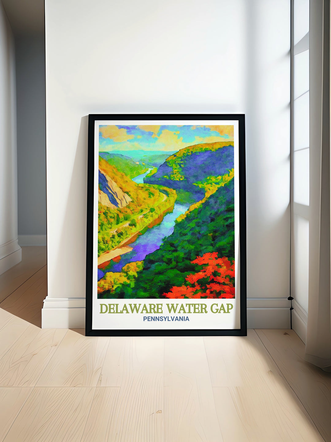 This travel poster highlights the natural beauty of the Delaware Water Gap, capturing its sweeping landscapes and towering cliffs. Ideal for nature lovers, it brings the serenity of Pennsylvanias iconic natural landmark into your home decor.