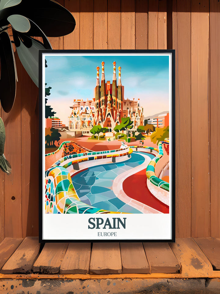 Sagrada Familia Park Guell modern prints bring the spirit of Spain into your home making them ideal for stunning living room decor and unique travel gifts