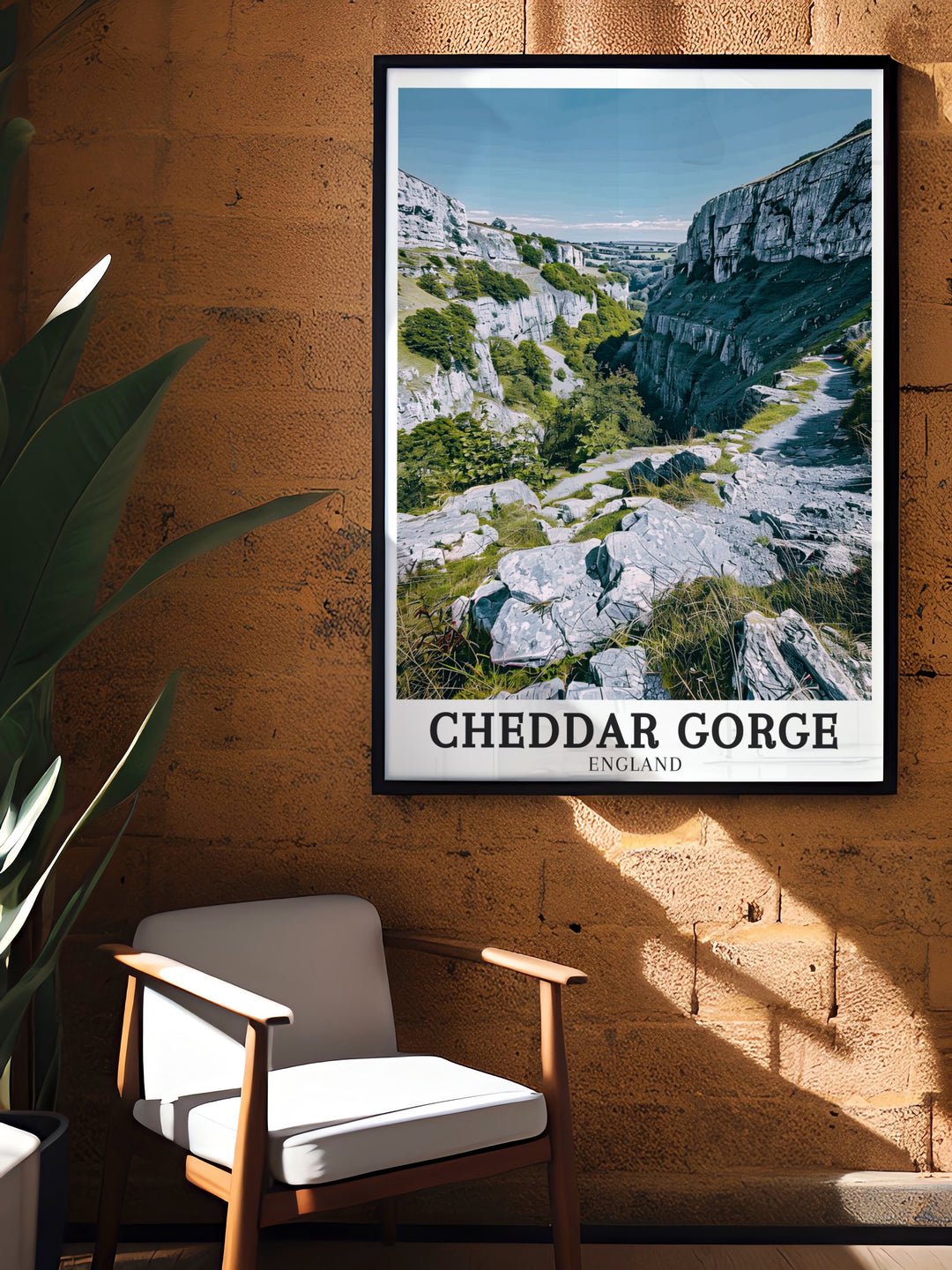 Cheddar Gorge vintage poster capturing the breathtaking landscape of the Mendip Hills AONB, showcasing the perfect balance between dramatic rock formations and the serenity of the Cheddar Yeo.