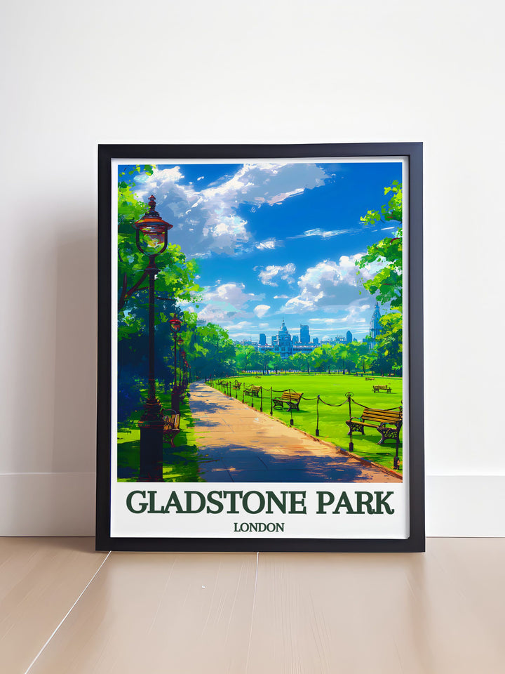 A detailed illustration of Gladstone Park in Dollis Hill, highlighting its serene landscapes and vibrant greenery, perfect for those who appreciate peaceful urban retreats.
