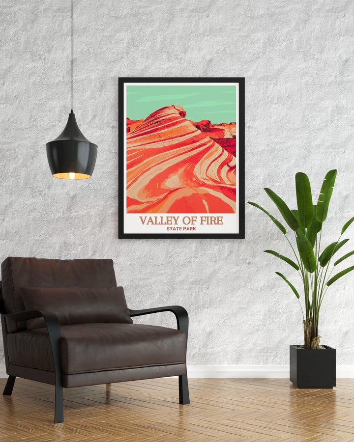 Fire Wave travel poster showcasing the stunning geological formation in Valley of Fire State Park, Nevada. This print highlights the intricate details and vibrant colors of the Fire Wave, making it a captivating addition to any wall.