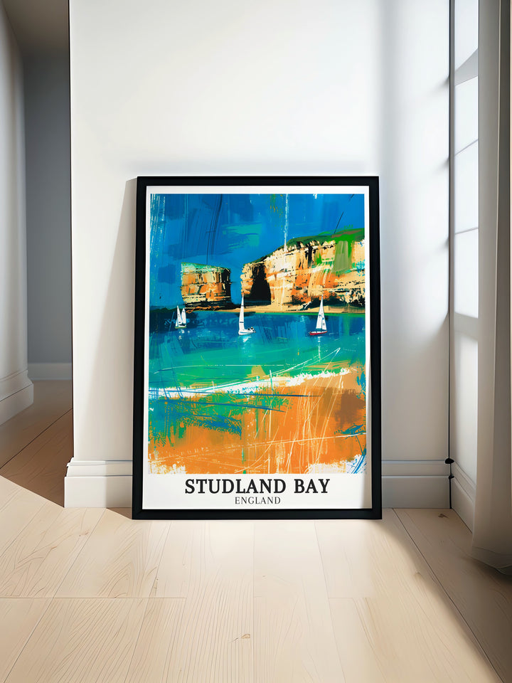 Studland Bay poster print featuring Old Harry Rocks Jurassic Coast perfect for adding a touch of Englands coastal beauty to your decor. This art print brings a serene and natural element to any space ideal for travel lovers and coastal decor enthusiasts.