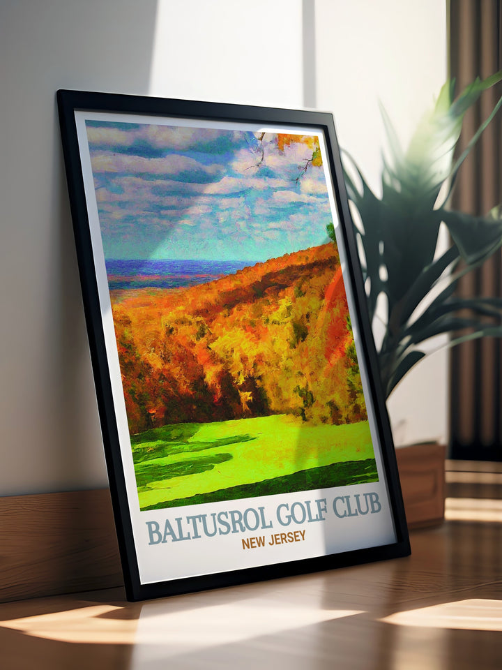 Baltusrol Golf Club Travel Print showcasing the grandeur of Baltusrol Golf Club and the peaceful retreat of South Mountain Reservation. This wall art is perfect for those who appreciate the blend of sport and nature, making it a must have for any fan of golf or outdoor beauty.