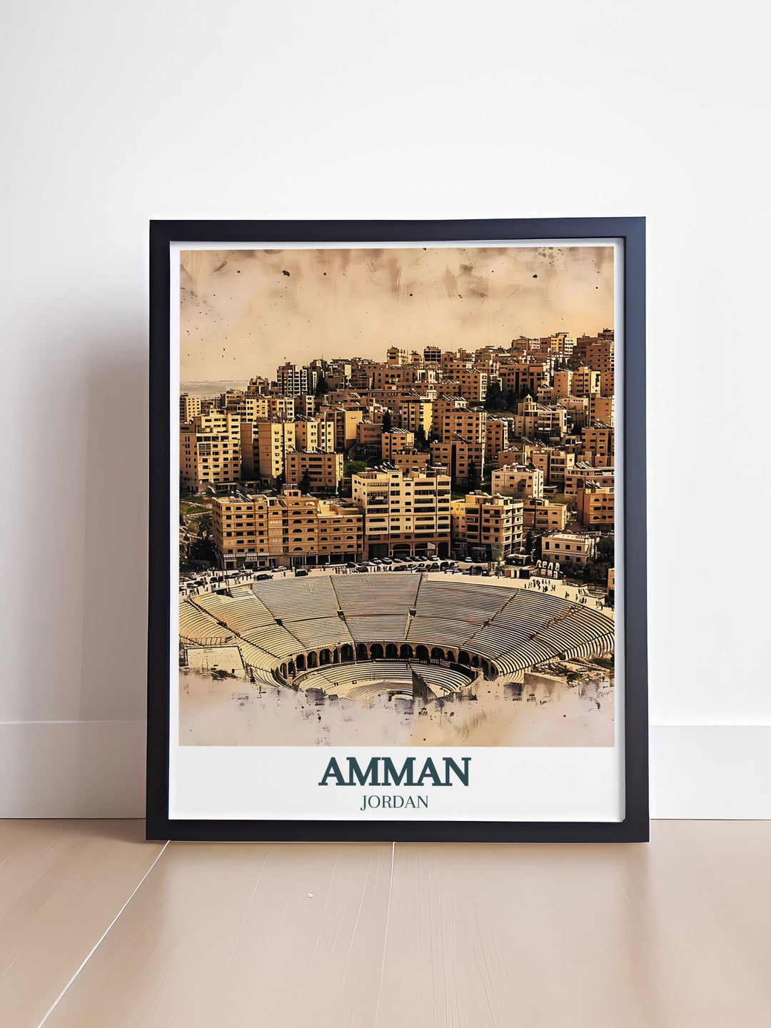 Stunning Amman Art Print showcasing the Roman Ampitheater and Jabal Al Jofeh ideal for personalized gifts and home decoration adding a touch of Jordans cultural charm to any space