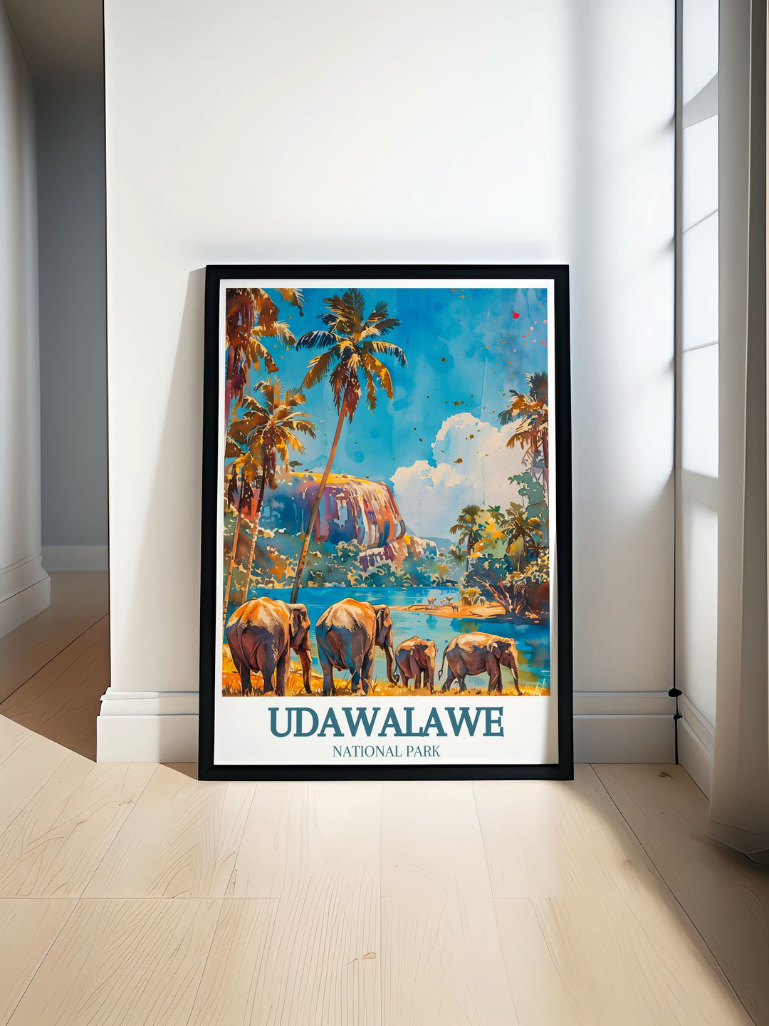 Beautiful Udawalawe Reservoir Walawe River travel poster showcasing vibrant colors and intricate details of Sri Lankas national park perfect for adding a touch of nature and elegance to your home decor or as a gift for nature lovers and adventure enthusiasts.