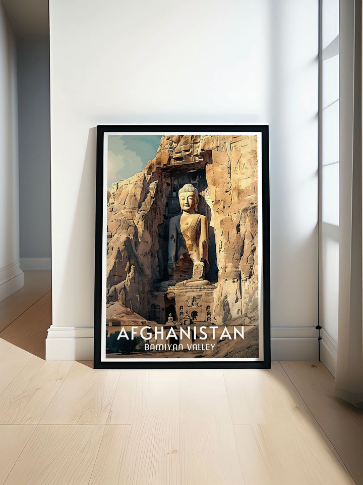 Vibrant art print of Bamiyan Valley and Buddhas capturing the essence of Afghanistans historical and cultural beauty ideal for enhancing home decor with colorful art and fine line details