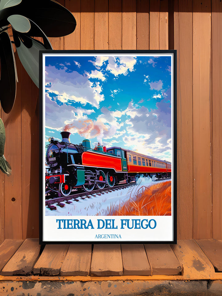 Discover the allure of the End of the World Train with this vibrant travel poster, illustrating its route through the pristine wilderness of Argentina.