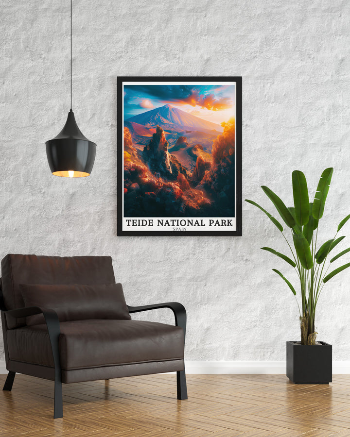 A vibrant travel print of Teide National Park, showcasing the breathtaking Teide Volcano and the enigmatic Roques de Garcia rock formations. The detailed artwork celebrates Spains volcanic heritage, making it an ideal gift for those who appreciate nature and adventure.