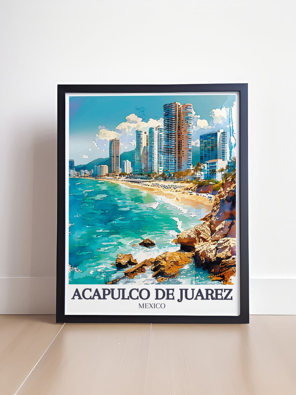 The historical significance and vibrant culture of Acapulco de Juárez are highlighted in this travel poster, celebrating the citys rich heritage and scenic beauty.
