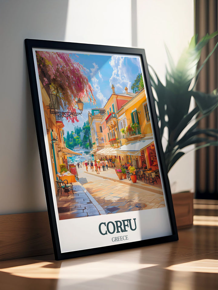 Beautiful Corfu wall art featuring Old Town Corfu Liston Promenade offering a vibrant and detailed depiction perfect for enhancing your home decor or as a thoughtful Corfu travel gift for those who appreciate Greek art and the serene landscapes of Corfu Greece