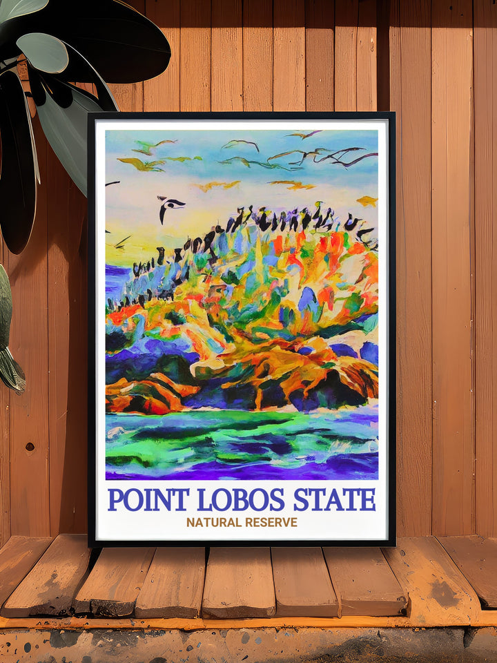 Wall art of Point Lobos State Natural Reserve, focusing on the dramatic coastline and diverse flora and fauna that make this location a favorite among visitors. This framed art piece is a beautiful way to celebrate the natural wonders of California in your home.