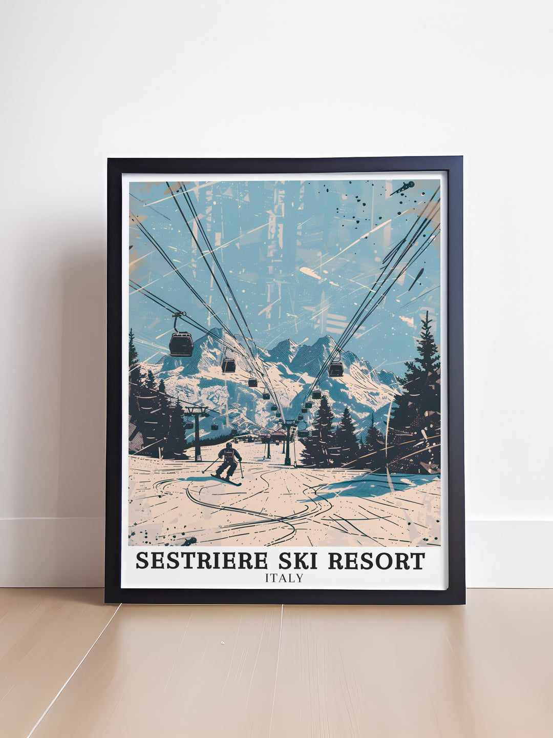 Skiing poster of Sestriere Vialattea Ski Area in the Italian Alps. Showcasing pristine slopes and charming alpine architecture, this art print is perfect for winter sports lovers and those who appreciate the beauty of the mountains.