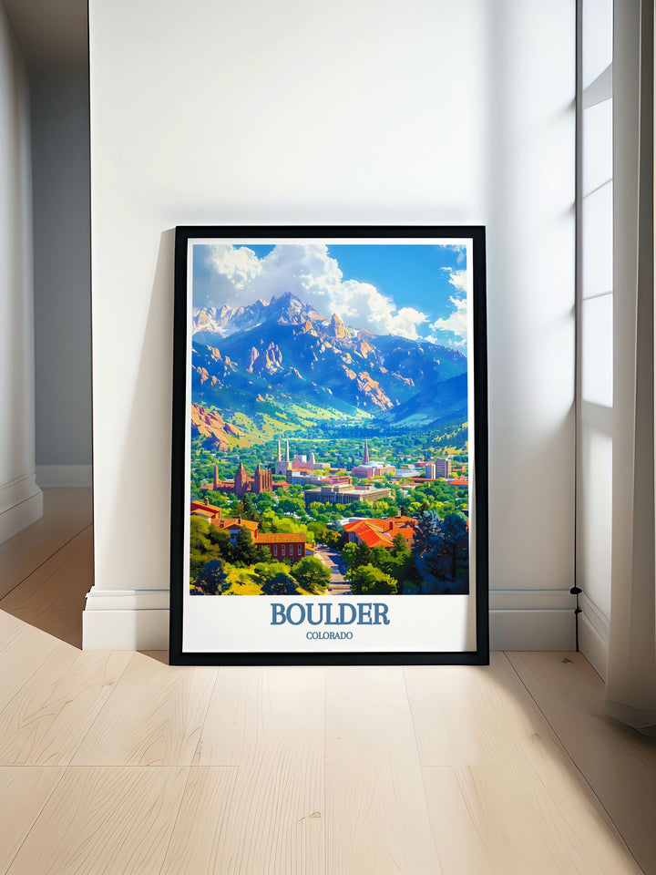 Breathtaking fine art print showcasing the iconic Flatirons in Boulder, Colorado, capturing the stunning natural beauty and rugged landscape of this famous landmark. Perfect for elevating your home decor and bringing a touch of natures grandeur into your living space.
