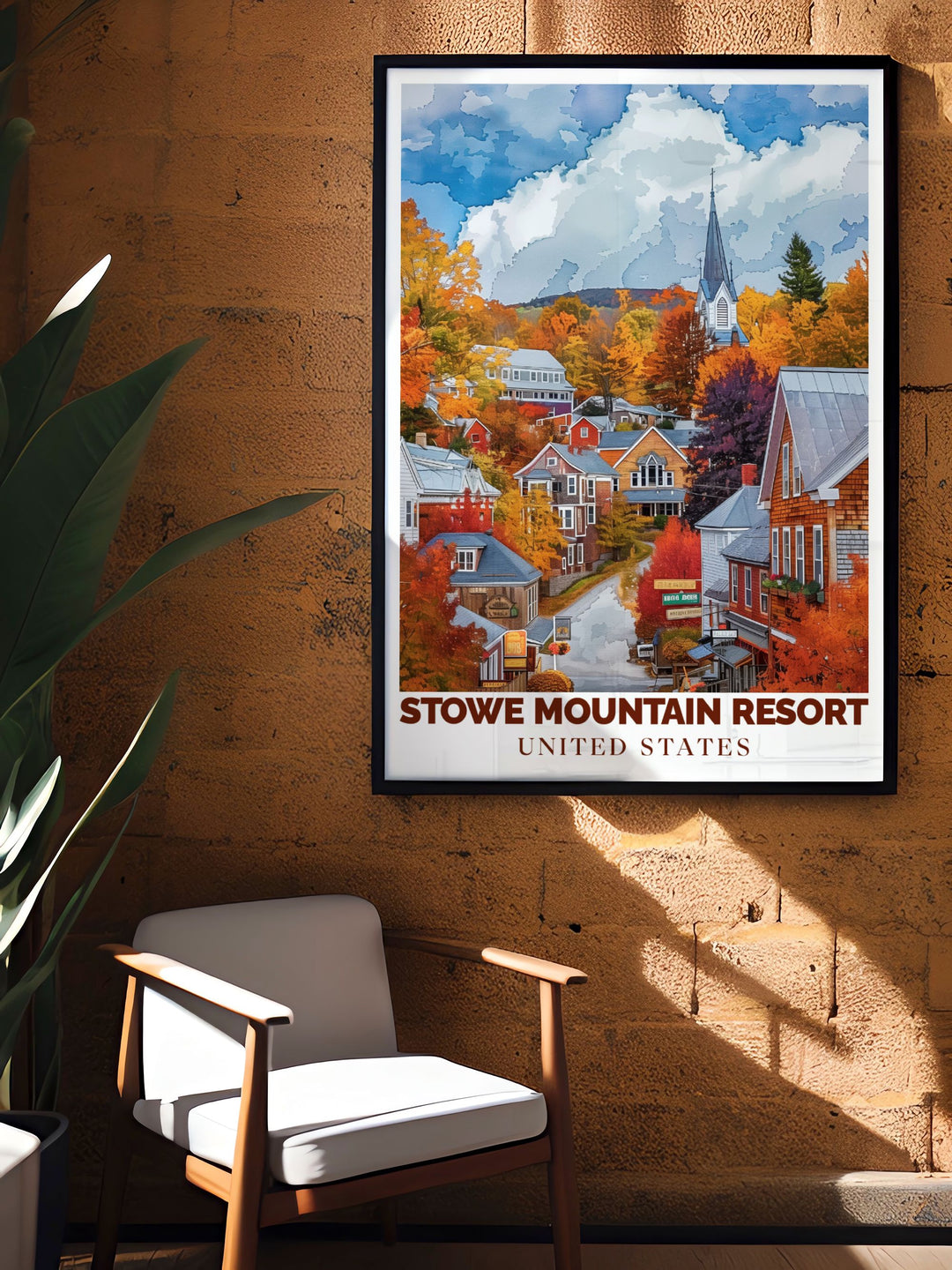 Captivating Stowe Mountain Town print of Stowe Ski Resort and Mount Mansfield perfect for those who love New England skiing and want to incorporate its beauty into their home decor