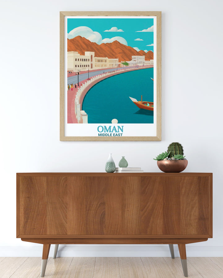 This digital download of the Mutrah Corniche in Muscat is a stunning travel print, featuring the elegant waterfront and cityscape of Omans capital. The perfect gift for fans of Omans cultural and natural beauty.