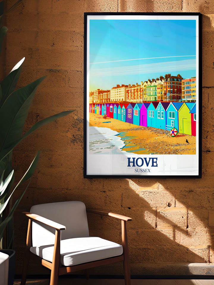 Experience the charm of Hoves bathing cottages with this art print, featuring the tranquil setting of the English Channel and the quaint architecture that has made this location a favorite for generations.