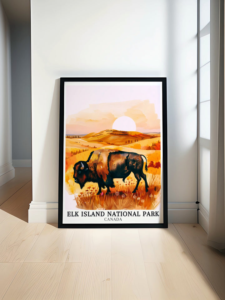 Elk Island National Park poster print showcasing the scenic beauty of Beaver Hills, where the majestic plains bison roam freely. This travel print is a perfect addition to your home decor, celebrating the natural splendor of Canadas national parks.