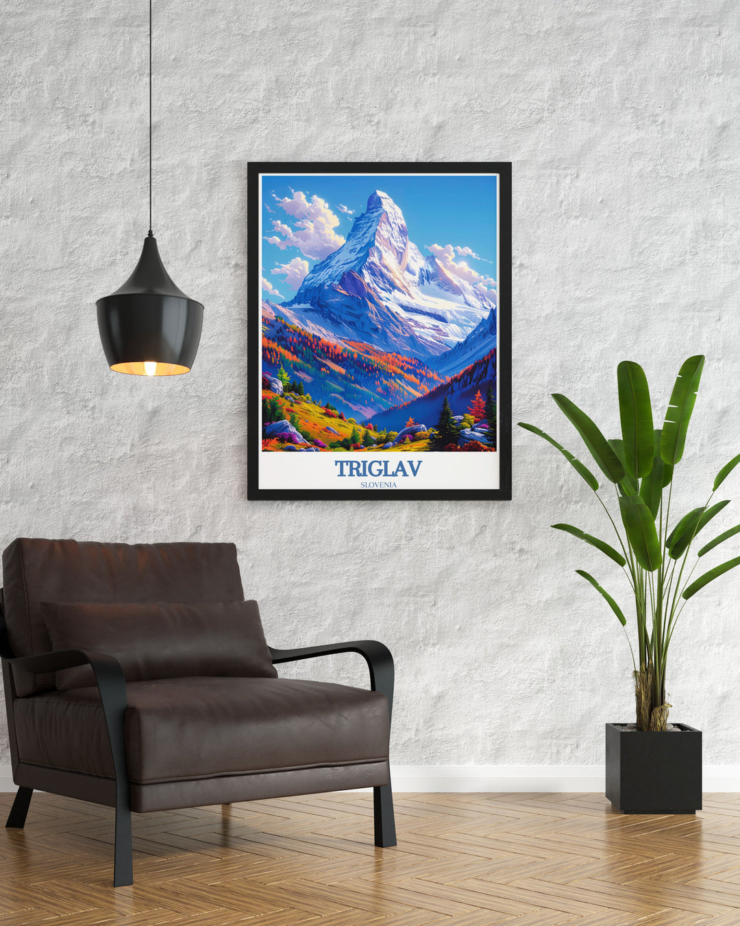 Stunning living room decor featuring Triglav Peak modern art showcasing the breathtaking Mount Triglav in Slovenia ideal for creating an atmosphere of serenity and adventure in any space from living rooms to offices.