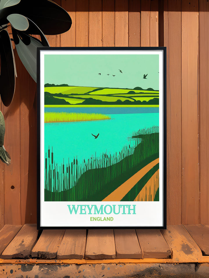 Weymouth travel poster showcasing the stunning Radipole Lake Nature Reserve. This artwork highlights the lush landscapes and diverse wildlife of the area, offering a beautiful representation of one of Weymouths most cherished natural sites.