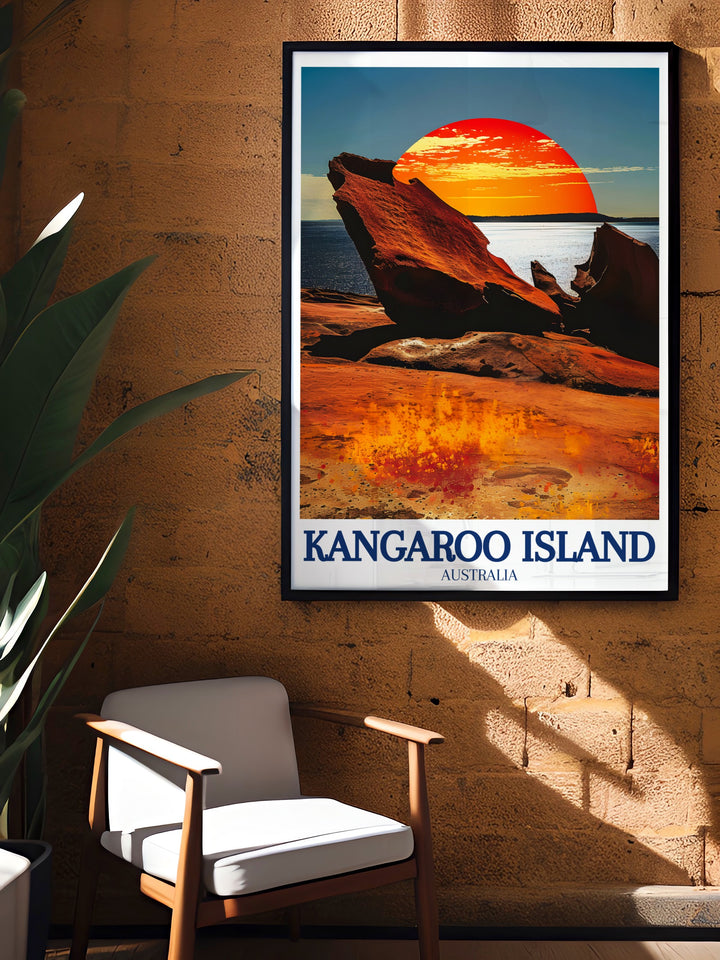 Add a touch of Australias natural beauty to your home with this Kangaroo Island travel print, featuring the serene beaches of Stokes Bay and the dramatic cliffs of Flinders Chase National Park.