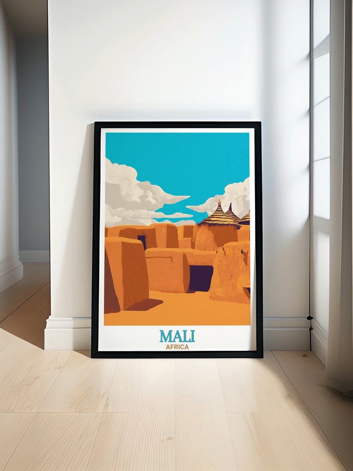 Celebrate the beauty of Africa with this travel poster of Malis Bandiagara Escarpment. The artwork brings the wild, dramatic landscapes of Africa into your home, making it ideal for nature lovers.