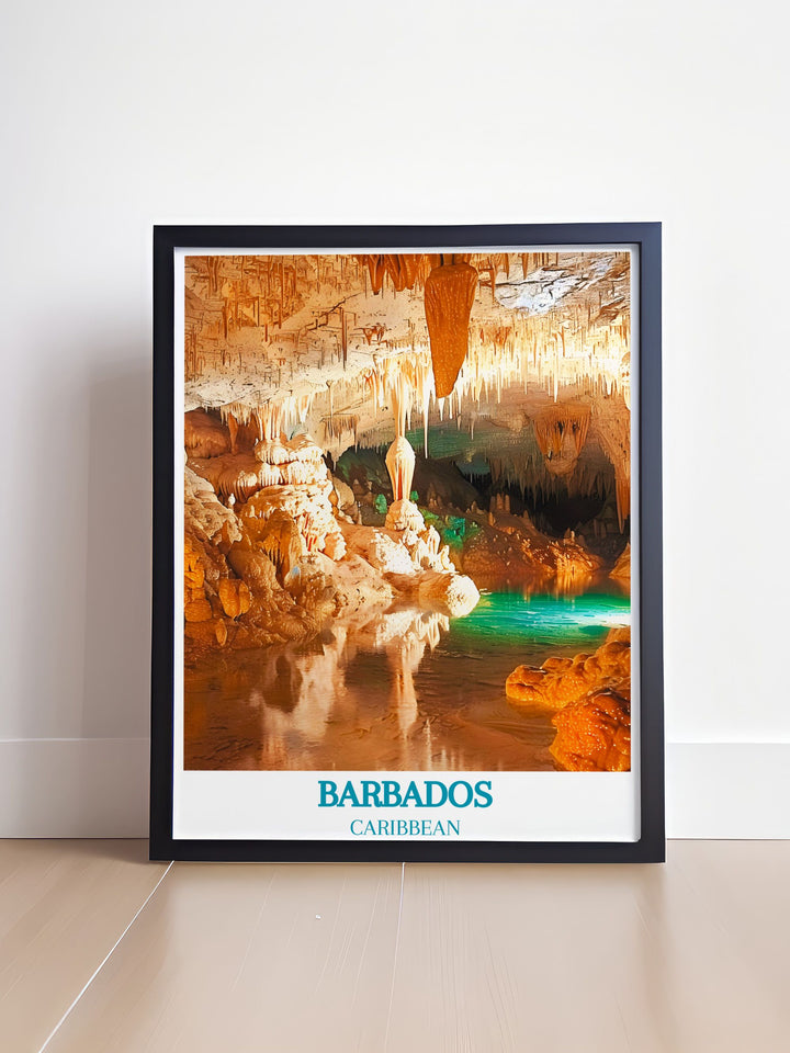 Harrisons Cave Prints showcasing the mesmerizing crystal formations and flowing streams within this limestone cavern, providing a visual escape to one of Barbados most fascinating natural attractions, ideal for nature lovers and adventurers.