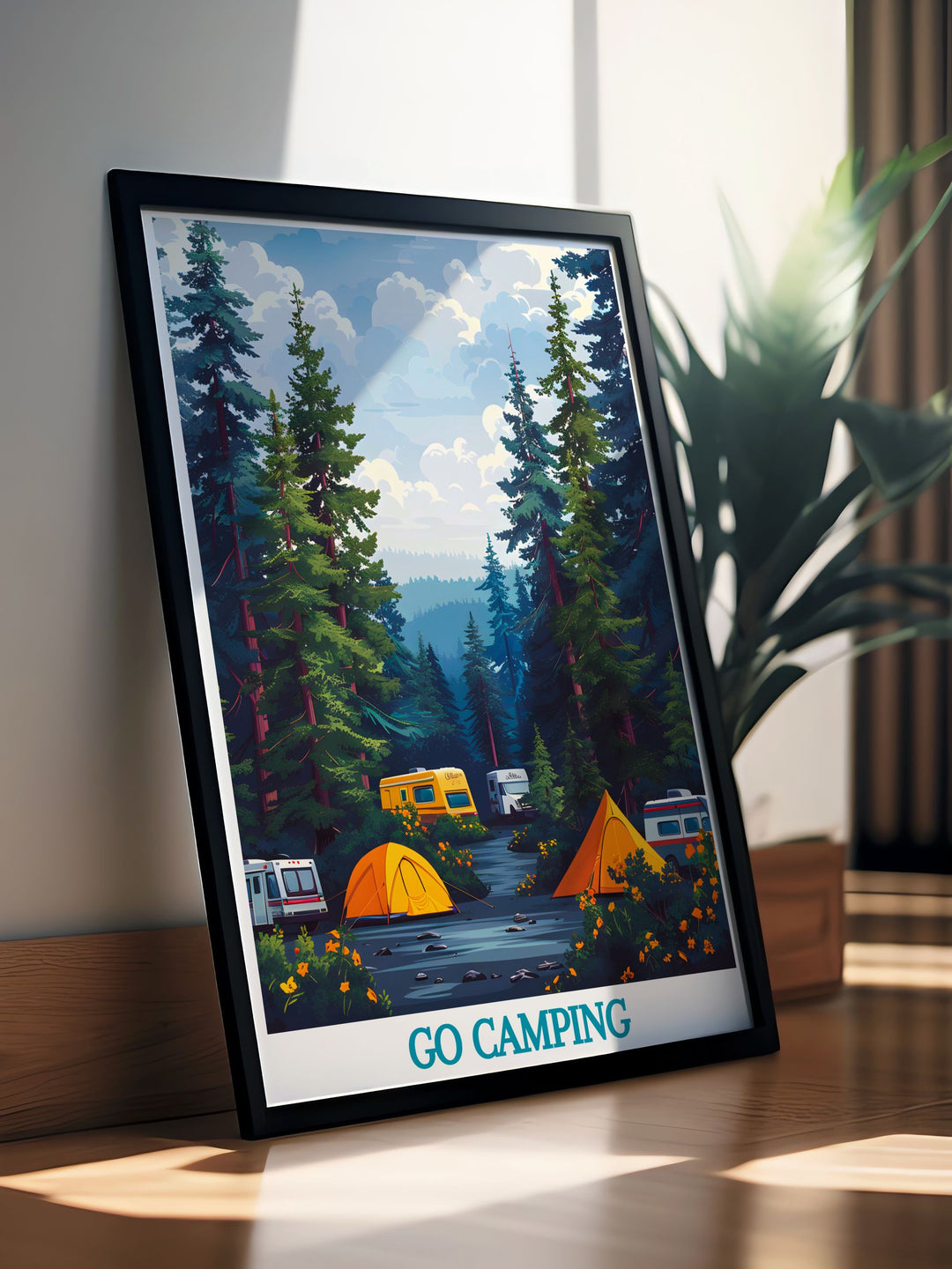 Framed art print of a forest camping scene, capturing the peaceful ambiance and natural beauty of the outdoors, ideal for nature lovers and camping enthusiasts.