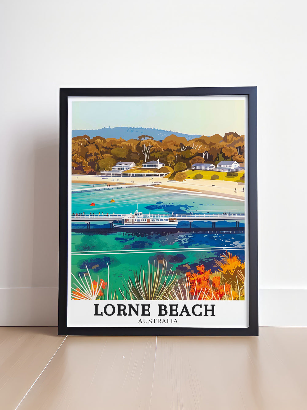 Experience the serene beauty of Lorne Beach with this Australia Print showcasing Apollo Bay and Lorne Pier a perfect addition to your collection of Australia travel art and wall decor ideal for creating a calming atmosphere in any space