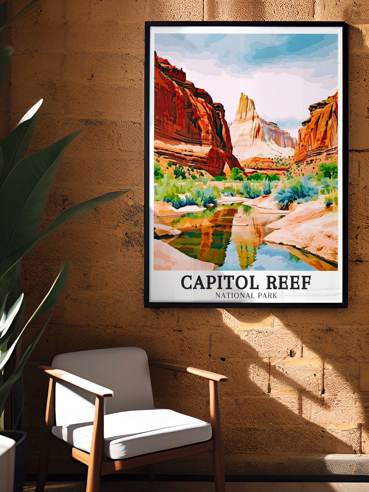 Waterpocket Fold Travel Print showcases the unique rock layers of Capitol Reefs Waterpocket Fold, a geological wonder that stretches through the heart of the park. Perfect for nature enthusiasts and fans of Utahs red rock landscapes.