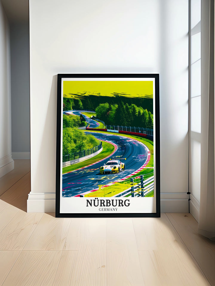 The Ahrweiler regions vineyards and forests frame the legendary Nürburgring race track in this travel print, making it a perfect gift for motorsport enthusiasts or travelers who have explored the beauty of Germanys countryside.