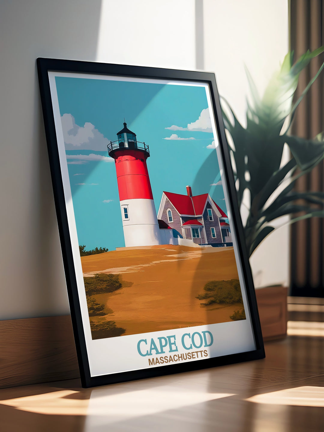 Our Nauset Lighthouse travel print features the iconic red and white tower set against Cape Cods breathtaking coastal backdrop. Perfect for home decor or as a travel gift, this print captures the essence of Cape Cods scenic beauty.