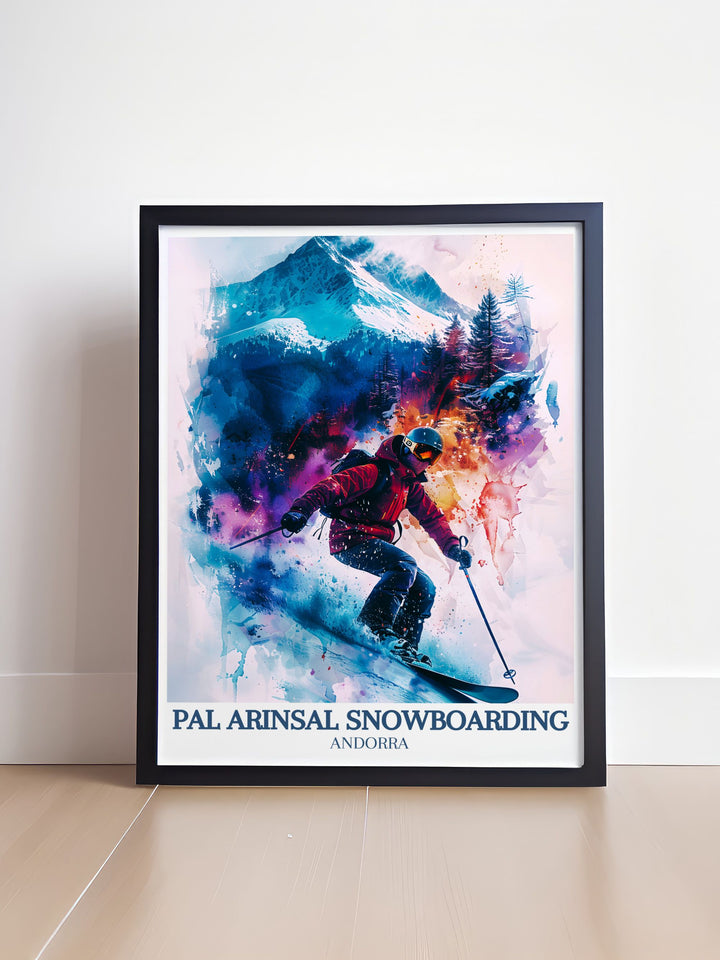 Beautiful Andorra Travel Print showcasing the Pal Arinsal ski resort and Vallnord ski area Coma Pedrosa stunning living room decor perfect for transforming your space into a gallery of timeless beauty with elegant wall art and vintage ski prints