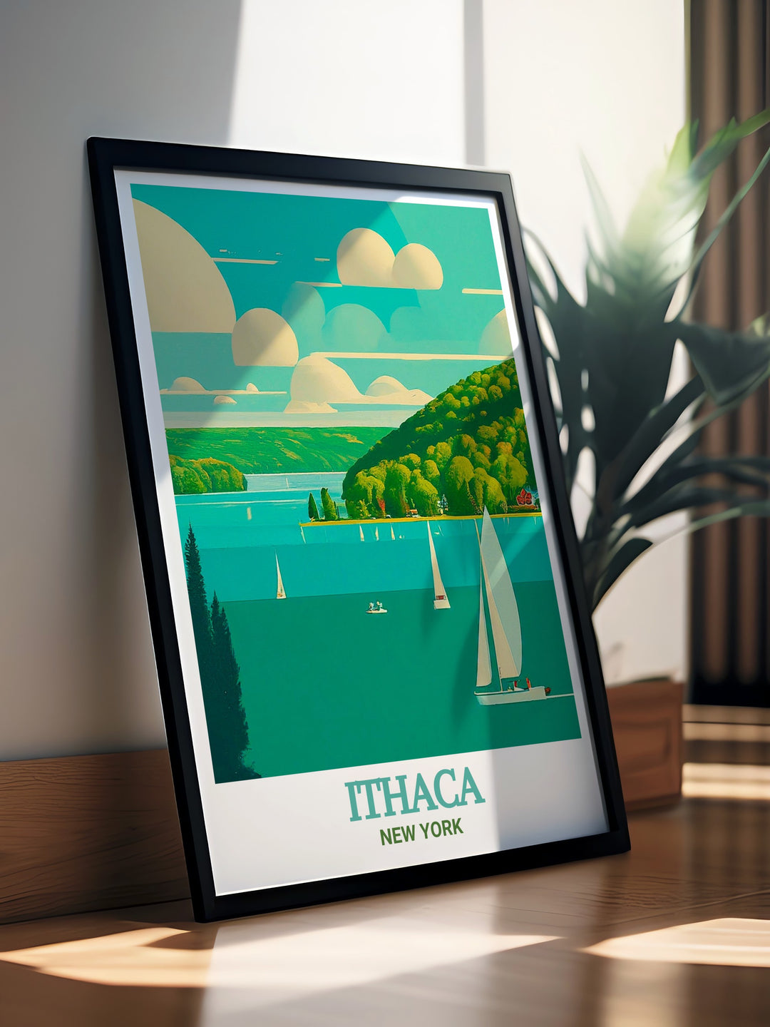 Scenic Cayuga Lake poster from Ithaca, highlighting the breathtaking views of the lakes serene waters and lush surroundings. This exquisite artwork brings the beauty of one of New York States most iconic landmarks into your living space.